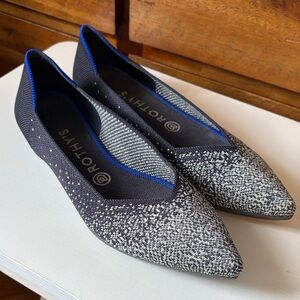 Rothy's Pointed Knit Flats in Gray and Silver Sparkle with Blue Trim